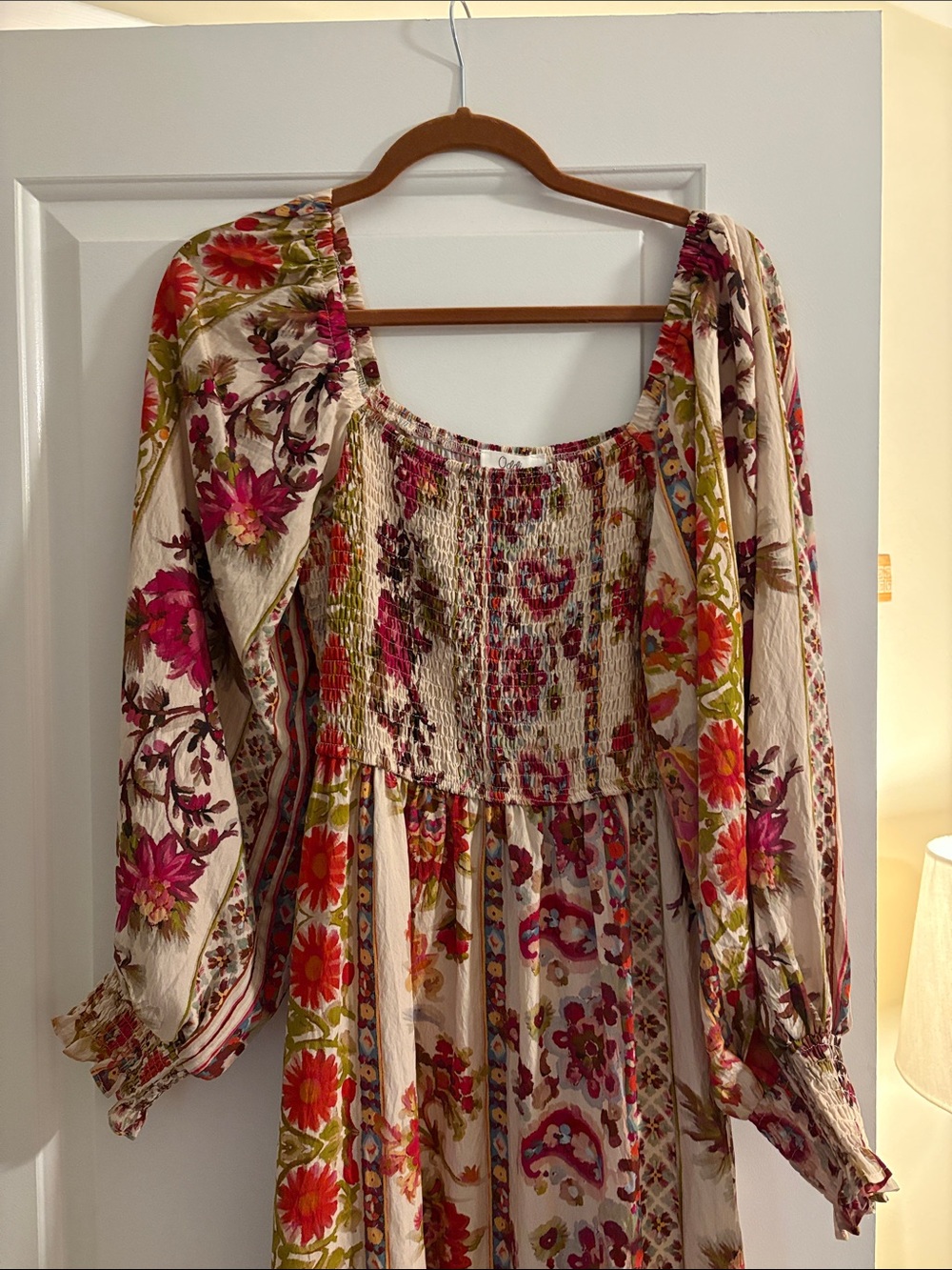 Floral Smocked Maxi Dress in Cream with Pink & Orange Accents